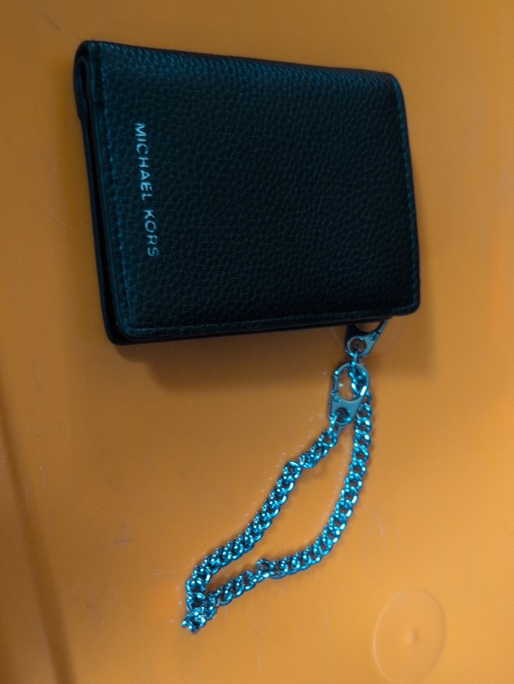 Michael Kors Black Pebbled Leather Card Holder with Silver Chain